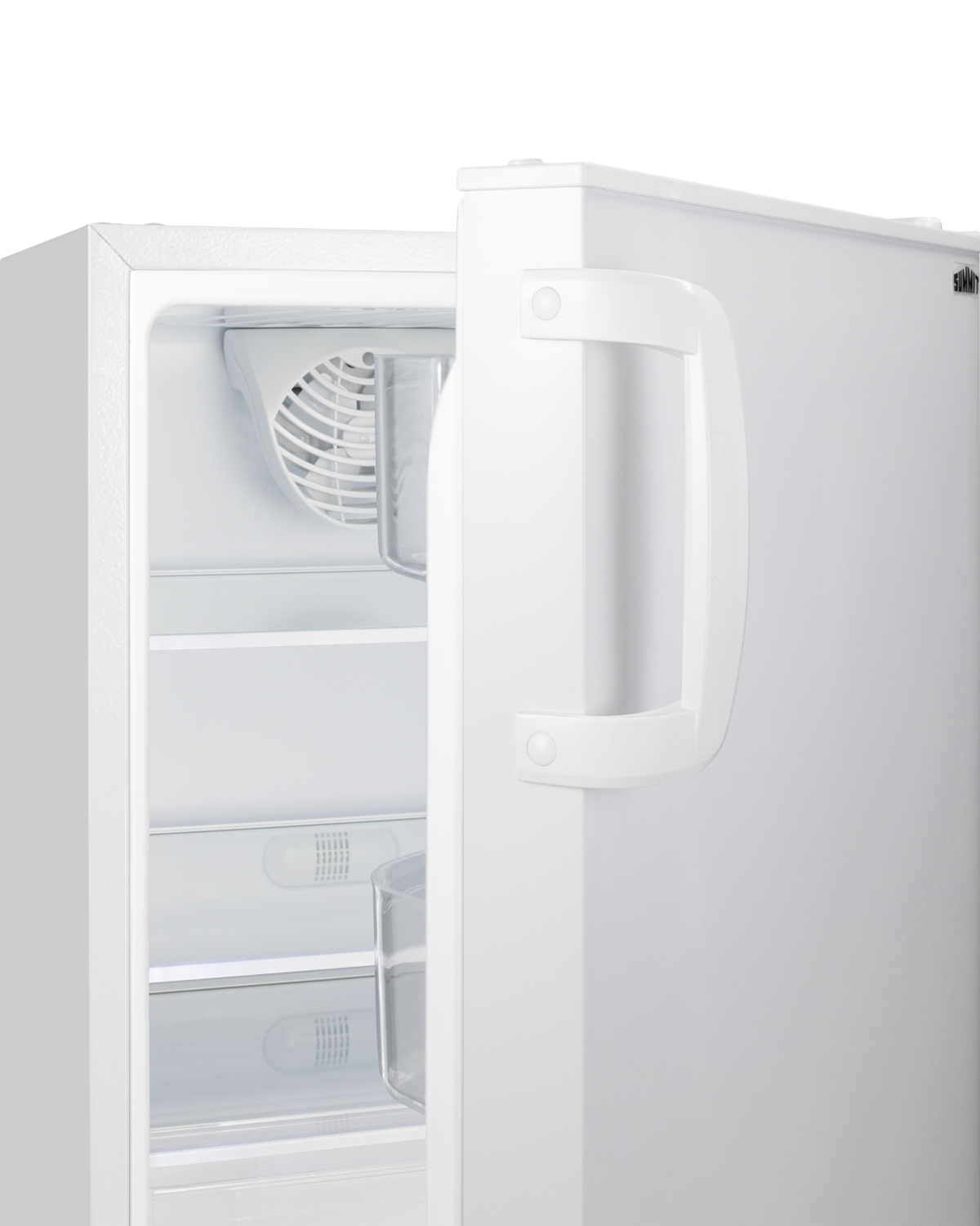 Built-in undercounter ADA compliant residential all-refrigerator in white with door storage and automatic defrost operation